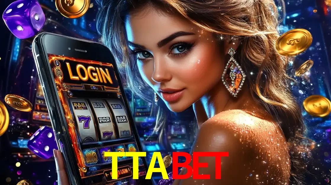 Mulher glamorosa segurando um smartphone com a tela de login para os jogos de caça-níqueis do cassino online TTABET, com moedas de ouro e dados ao redor.